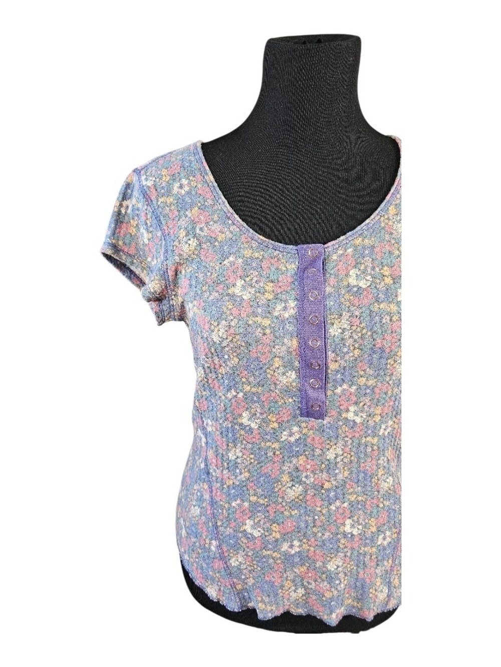 Natural Life Floral Waffle Knit Henley Top Pastel Cottagecore Boho Medium - Picture 2 of 6